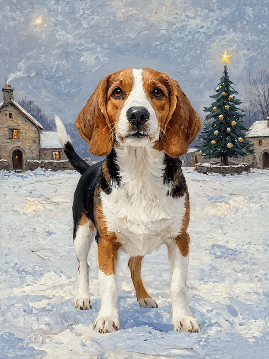 Flat art print, Christmas Pup in Snowy Town Warmth(customizable)