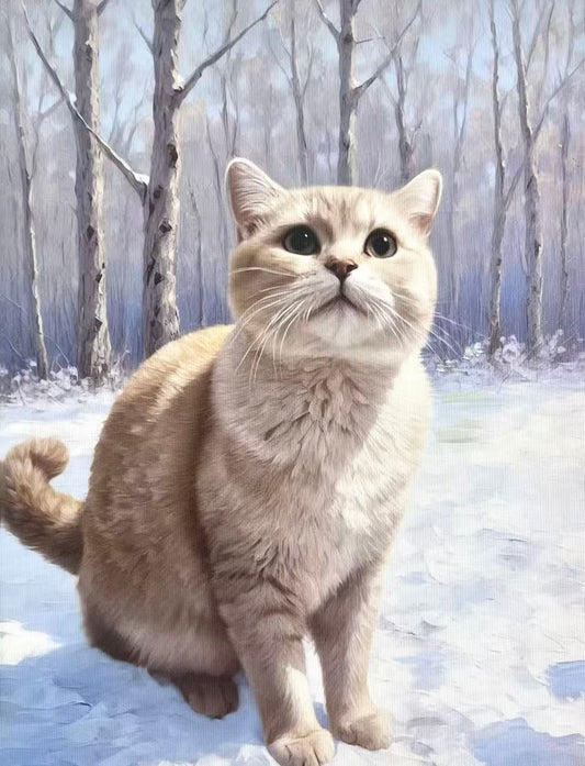 Flat art print,  Fluffy Golden British Shorthair in Snowy Forest(customizable)